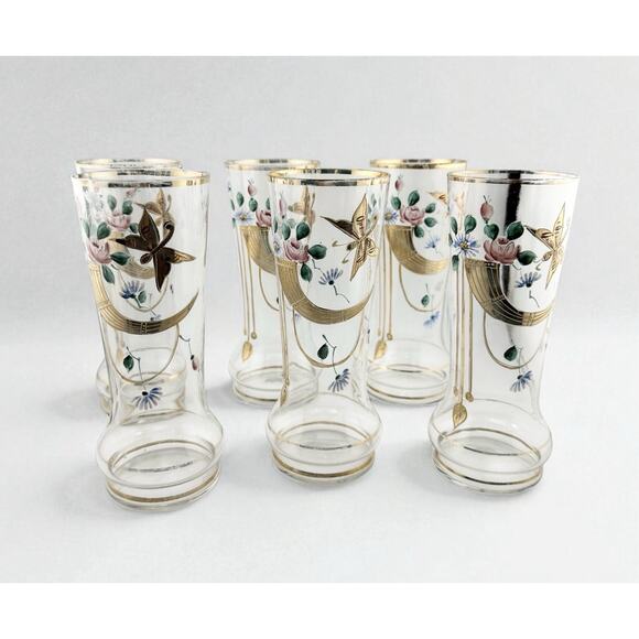 Antique Bohemian Set of 6 Enameled Tall Glasses Art Nouveau Butterflies 6" Tall - Picture 1 of 9
